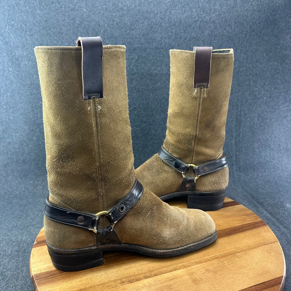 Vintage 1970s Mens Tan Suede Harness Boots Square Toe Brown Leather Straps 9.5 - Picture 9 of 12